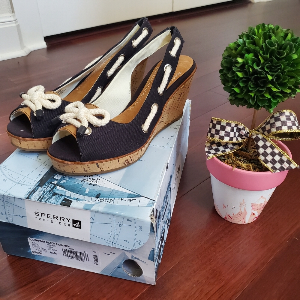 Sperry Southport black canvas wedges
